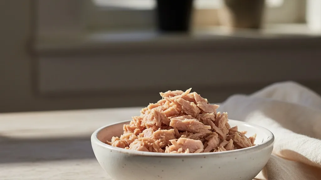 A small dish with a teaspoon of tuna for a cat treat