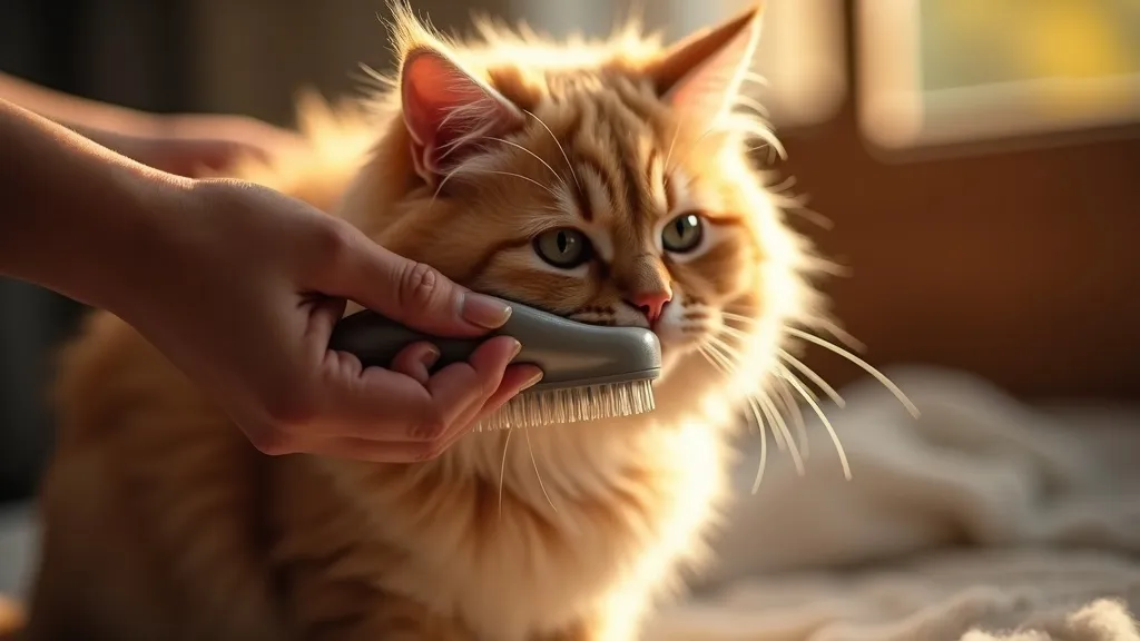 The Hertzko Self-Cleaning Slicker Brush being used on a fluffy cat, demonstrating its effective design
