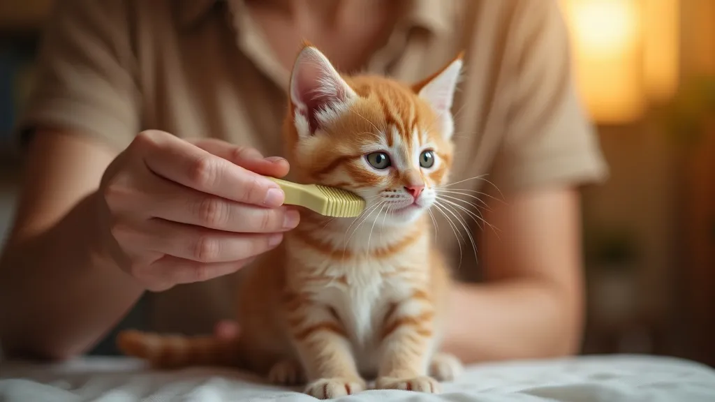 A young kitten being gently brushed by its owner, learning to enjoy grooming from an early age