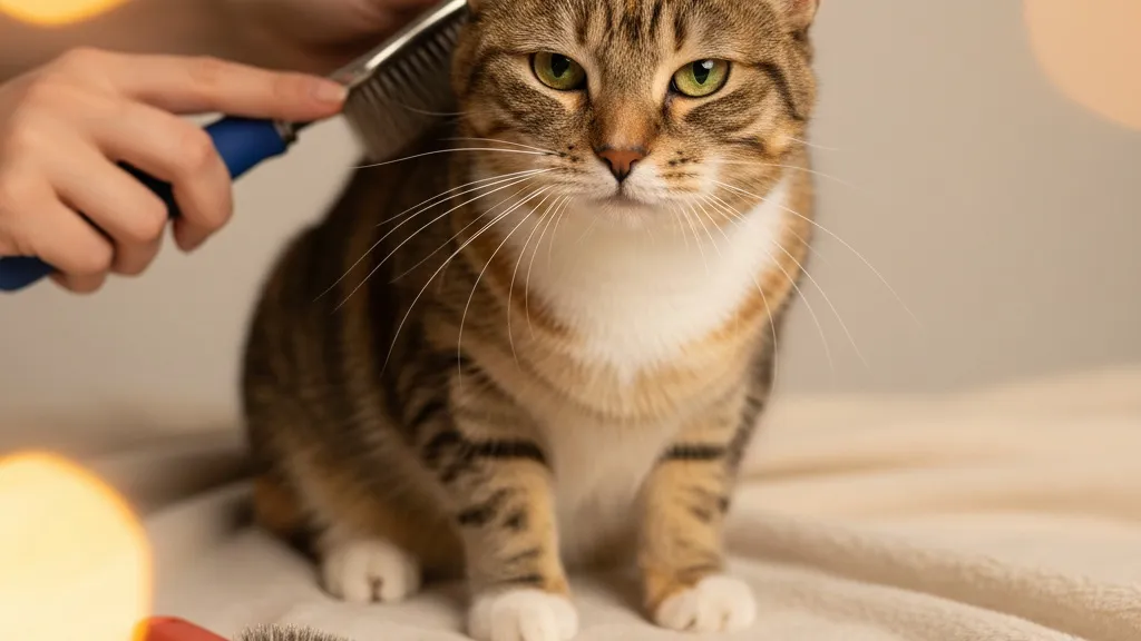 Cat being groomed with various grooming tools including brushes and combs