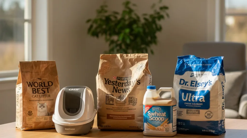 Collection of top-rated cat litters including World Best Cat Litter, Catit, Purina Yesterday's News, Swheat Scoop, and Dr. Elsey's options