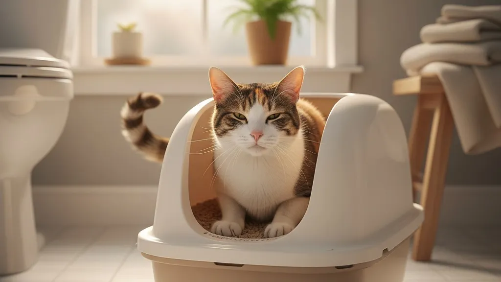 A happy cat using a clean litter box, demonstrating proper litter box setup and maintenance