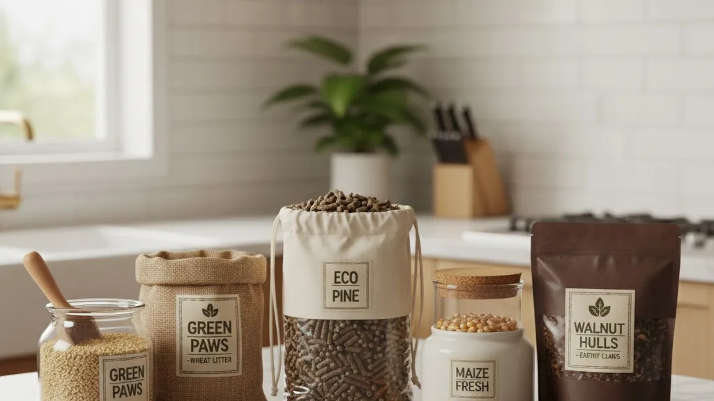 A display of various natural cat litter options including wheat, pine, corn, and walnut-based products
