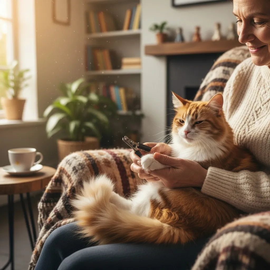 A person gently handling a cat's paw while the cat sits contentedly in their lap, demonstrating proper nail trim preparation