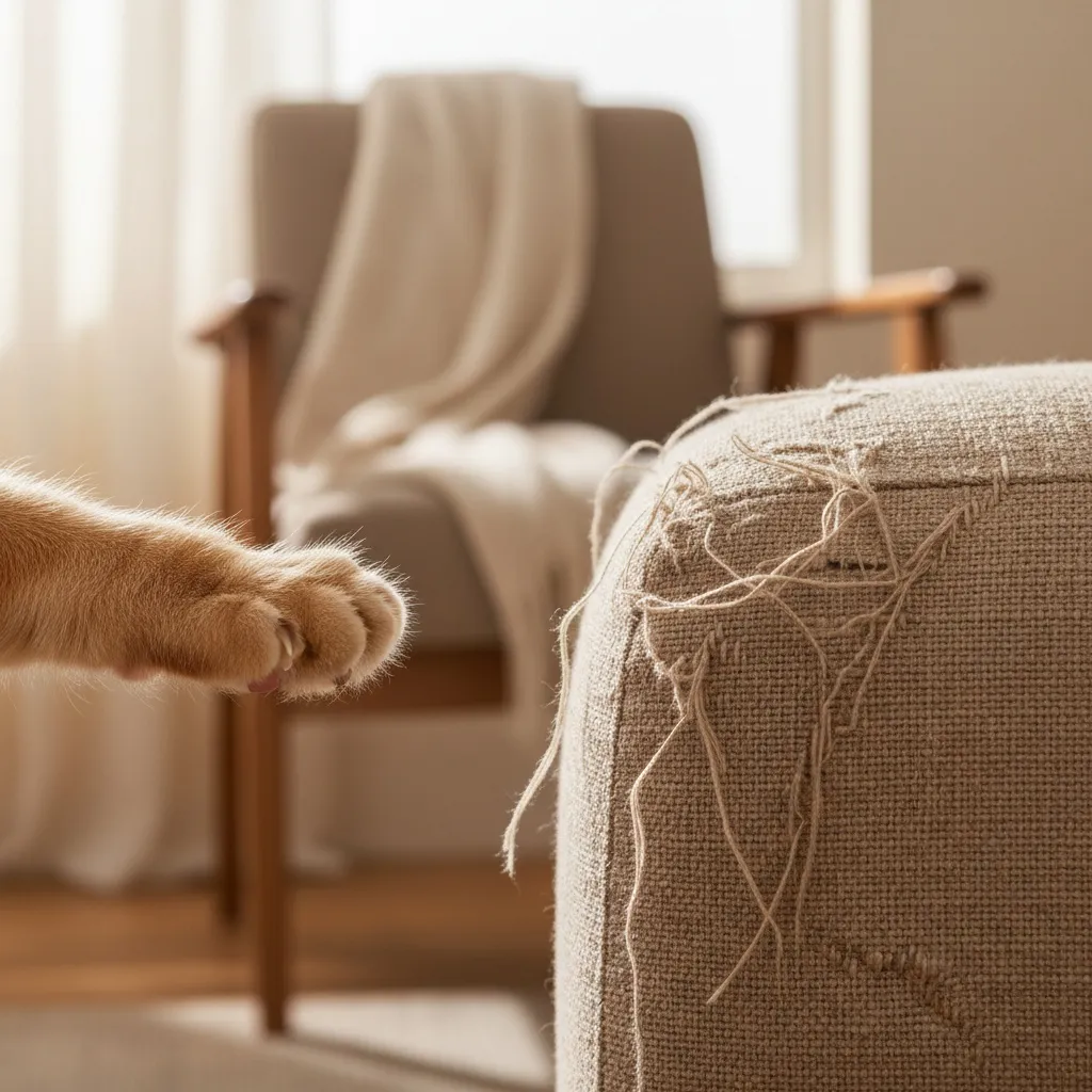 A cat's paw with neatly trimmed nails showing healthy nail length, contrasted with furniture scratch marks