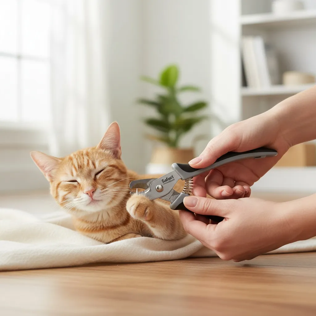 The Safari Professional Nail Trimmer being used to safely trim a cat's nails during a grooming session