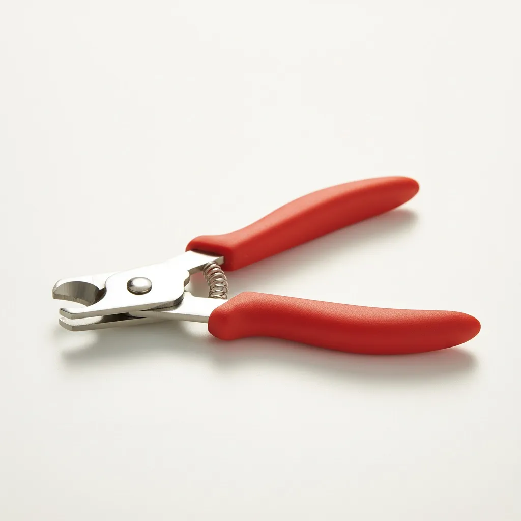 A pair of sharp stainless steel scissor-style cat nail clippers with ergonomic red handles