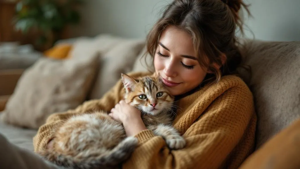 A happy cat and owner bonding at home, representing the peace of mind pet insurance provides