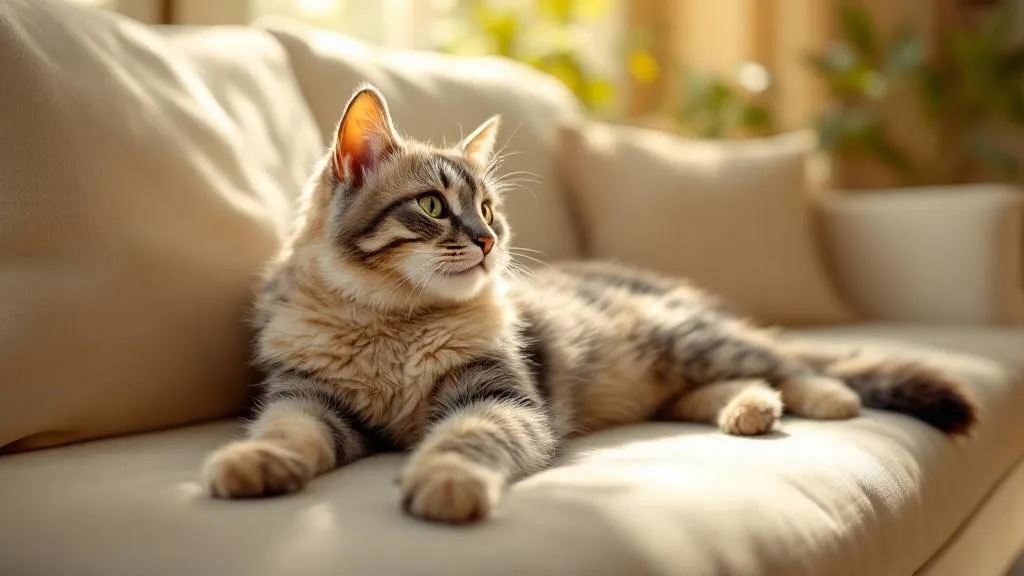 A happy cat and owner relaxing together at home with peace of mind from pet insurance