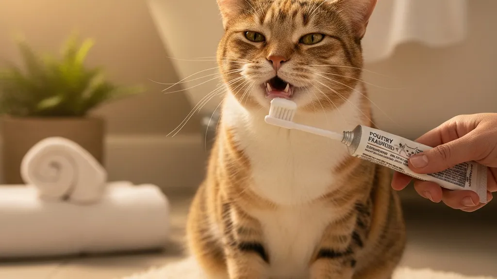 Cat being brushed with a cat-specific toothbrush and toothpaste