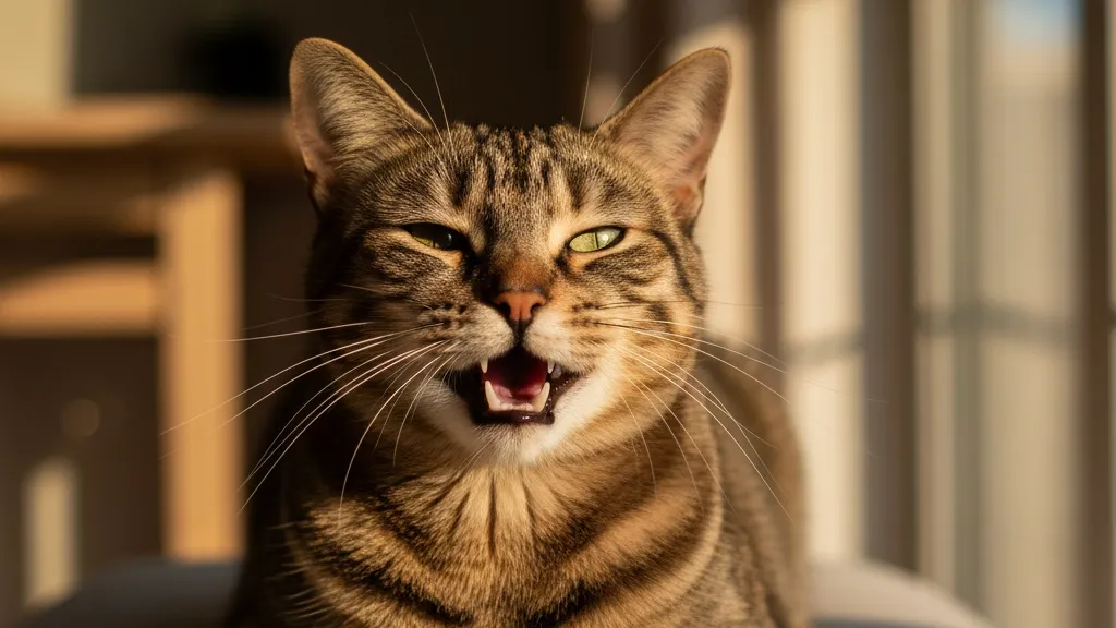 A healthy happy cat with clean teeth and pink healthy gums