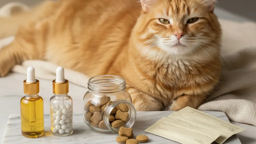 Various cat health supplements including vitamins and joint support products