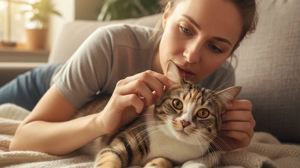 A concerned cat parent checking their cat's health
