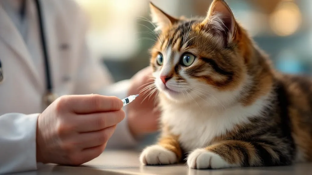 Adult cat receiving an annual booster vaccine at the veterinary clinic