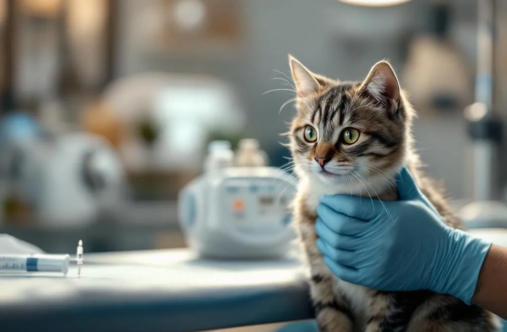 Veterinarian injecting a vaccine into a cat's scruff