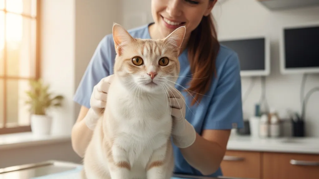 Healthy happy cat with veterinarian