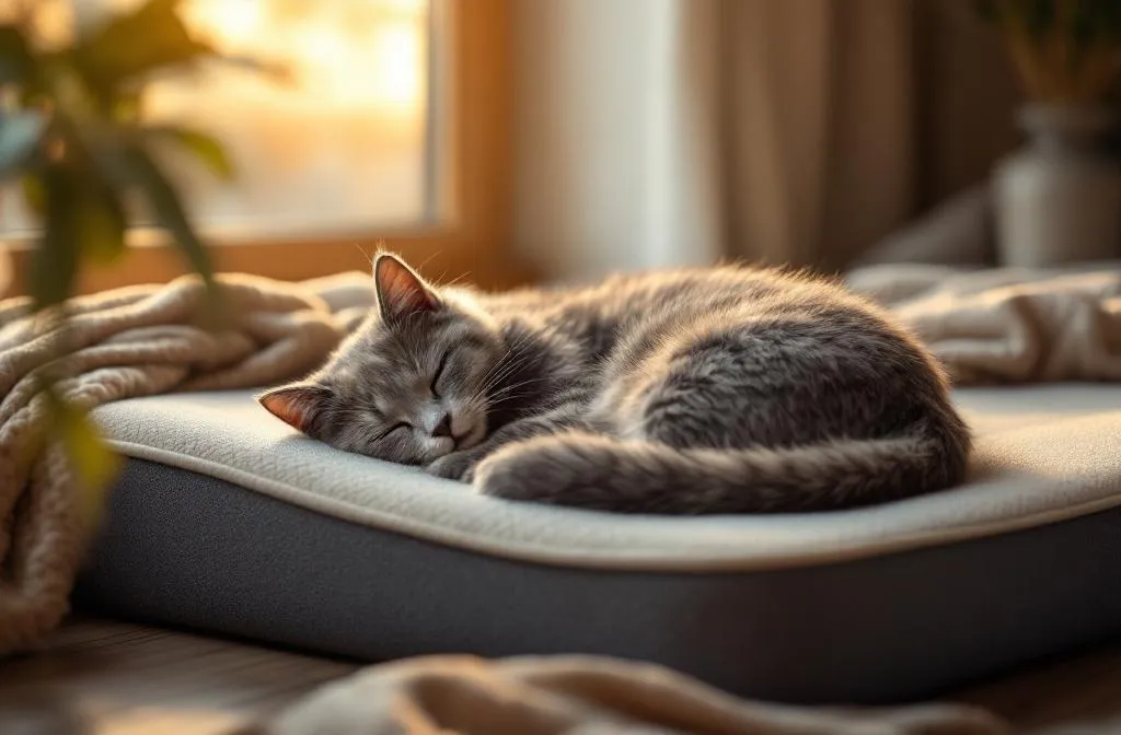 Senior cat resting comfortably on an orthopedic bed to ease joint pain
