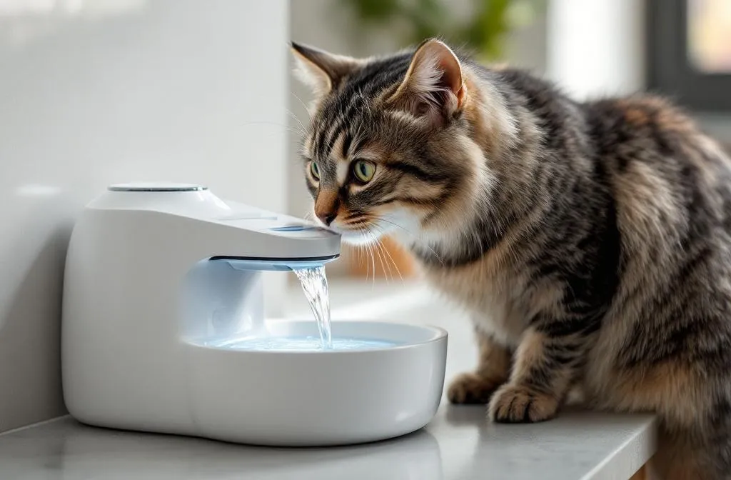 Cat drinking from a water fountain to stay hydrated