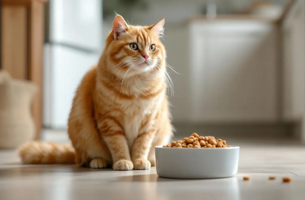 Overweight cat being helped to maintain a healthy weight through portion control