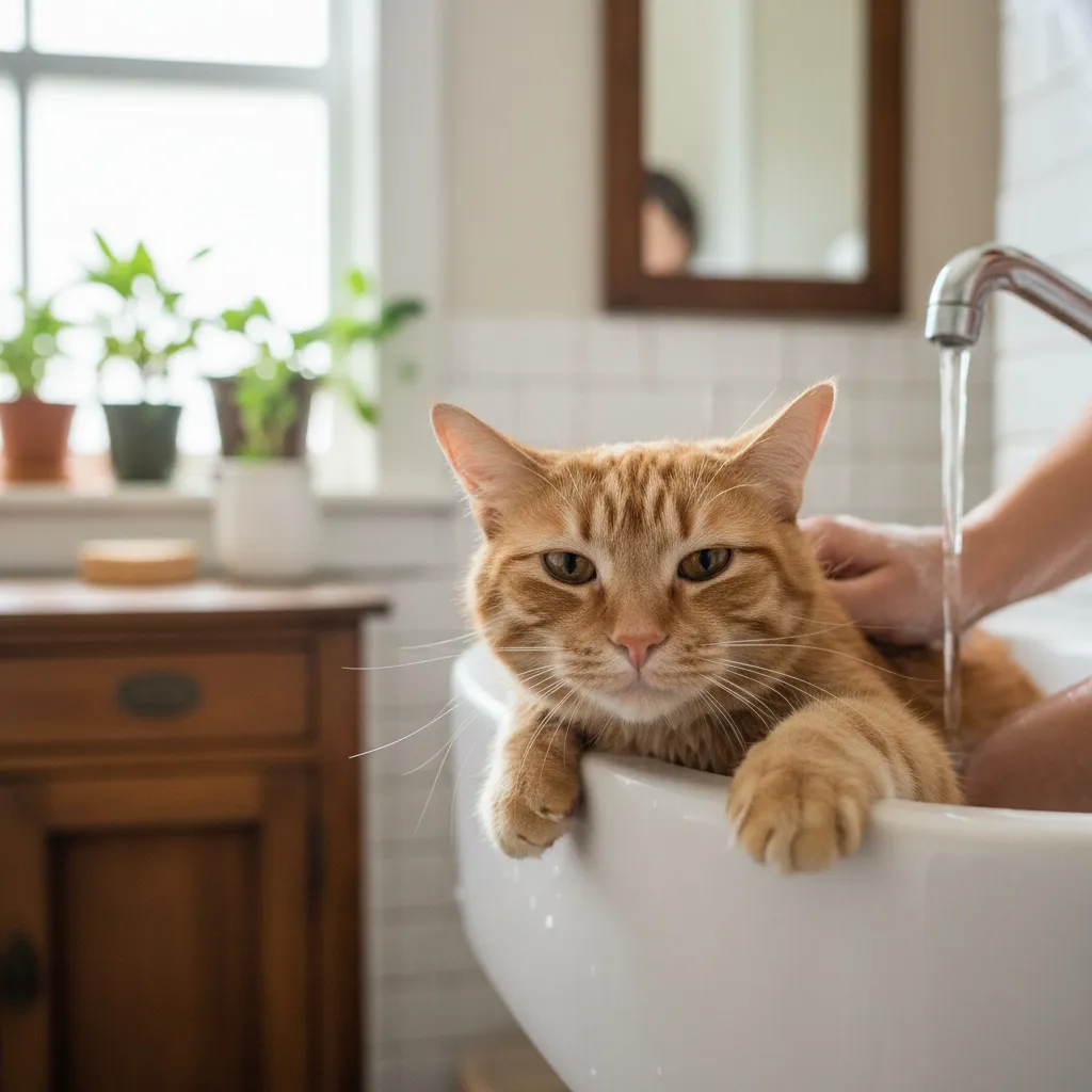 A happy tabby cat being gently bathed in a sink by its owner, showing a calm cat bathing experience