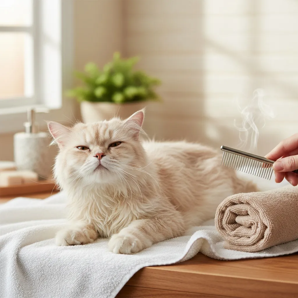 A long-haired Persian cat being gently combed after bathing, with a warm towel nearby for continued drying