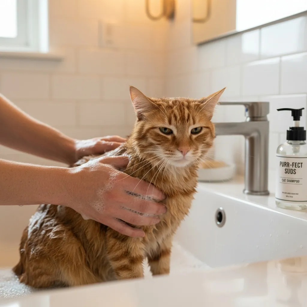 A person carefully massaging cat shampoo into a tabby cat's coat during bath time, showing proper technique