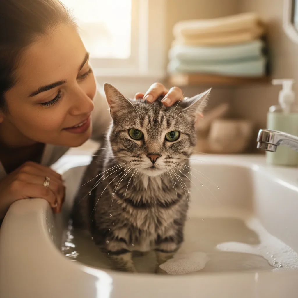 A stressed cat being gently soothed with soft talking and slow blinks during bath time, demonstrating calming techniques