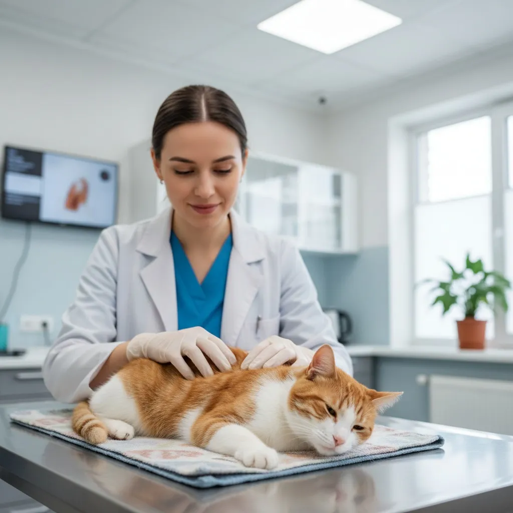 A veterinarian performing a skin inspection on a content cat during a routine health check