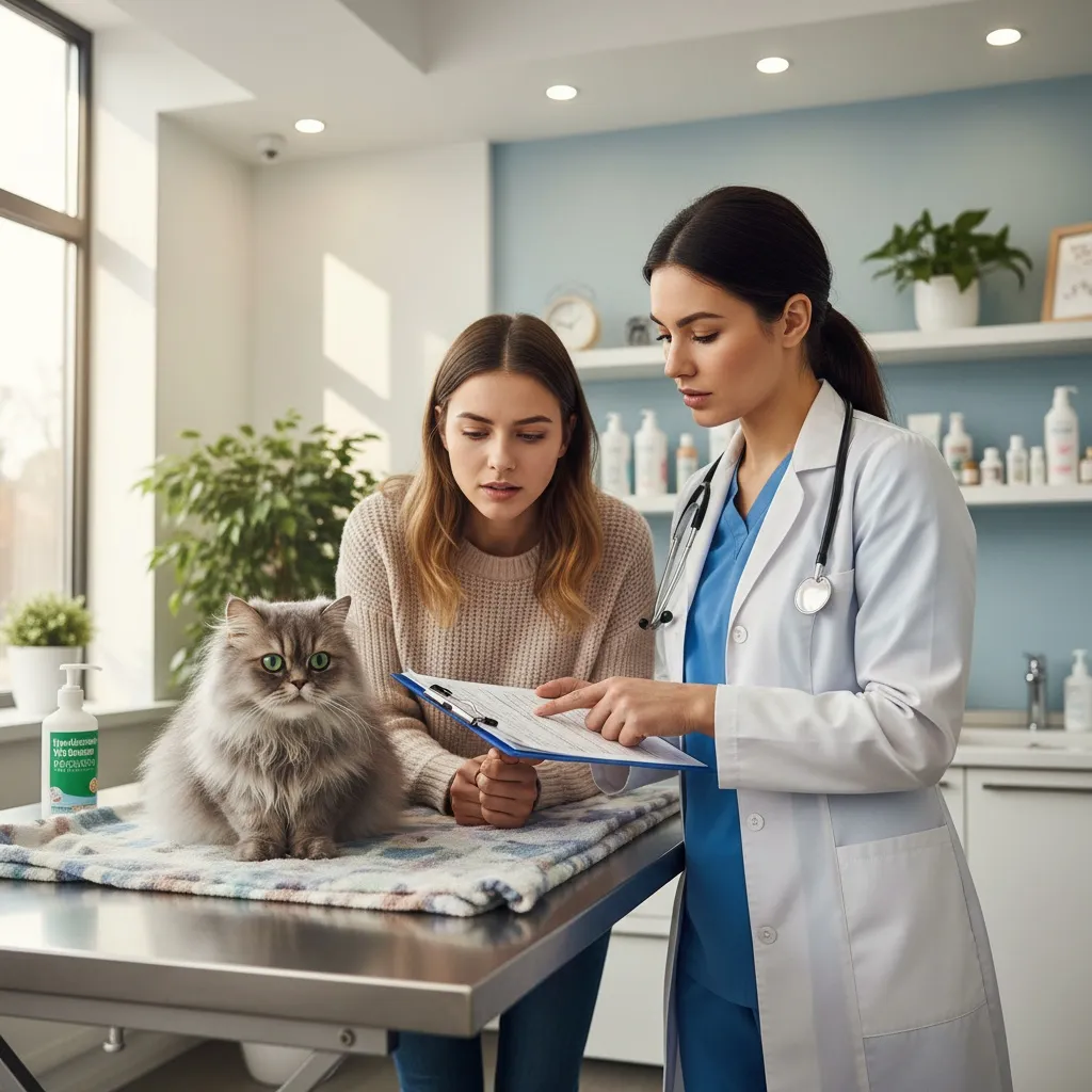 A veterinarian consulting with a cat owner about bathing recommendations for a cat with special needs
