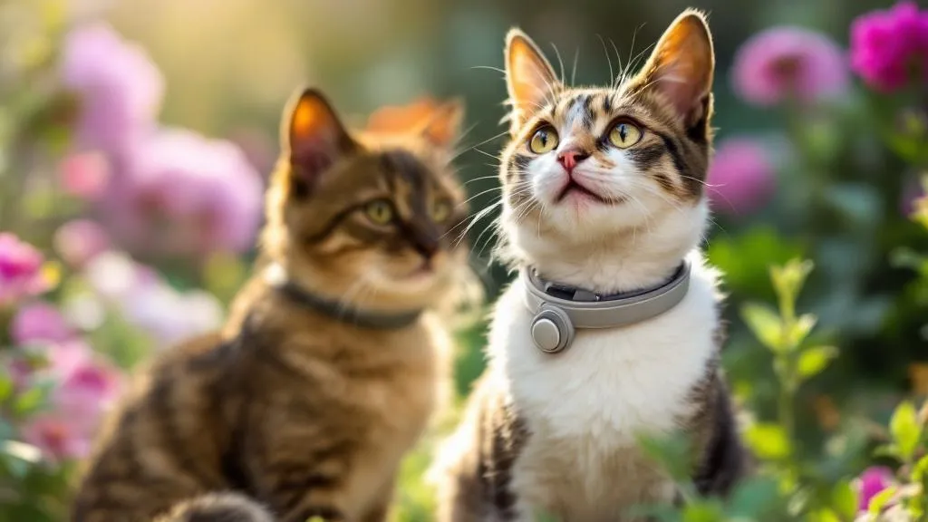 A cat wearing a flea and tick prevention collar outdoors
