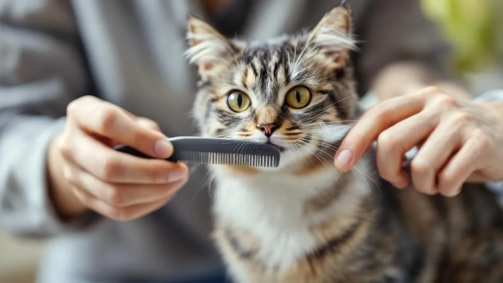A flea comb being used to remove fleas from a cat's coat