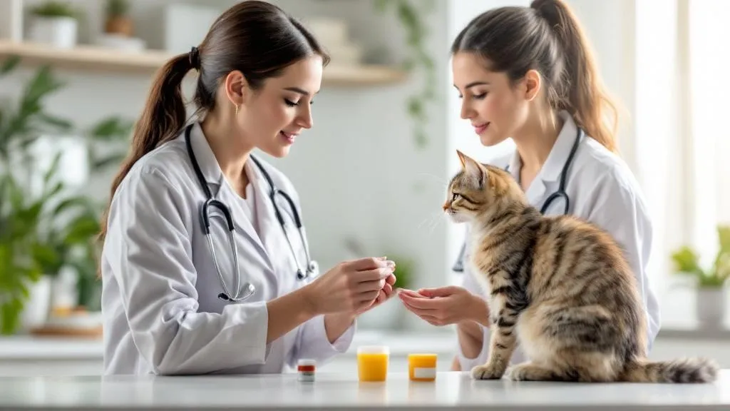 A veterinarian explaining deworming treatment to a cat owner