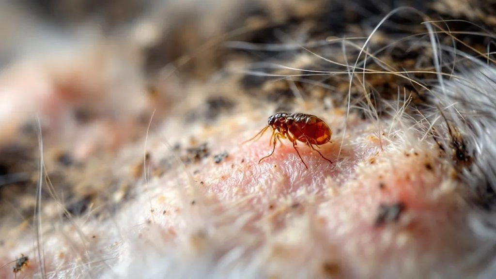 A close-up view of a cat's fur showing signs of flea dirt and skin irritation