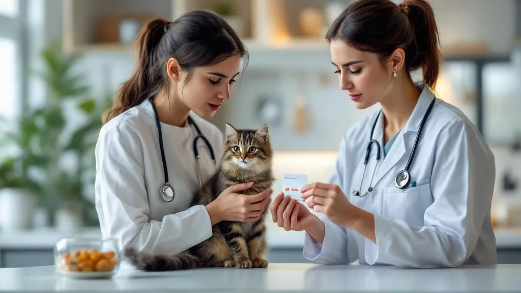 A veterinarian explaining heartworm prevention to a cat owner