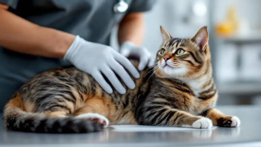 A cat with a healthy coat being examined for signs of intestinal parasites
