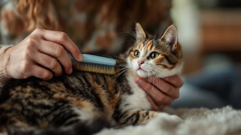 A cat owner gently brushing their cat's fur while checking for parasites