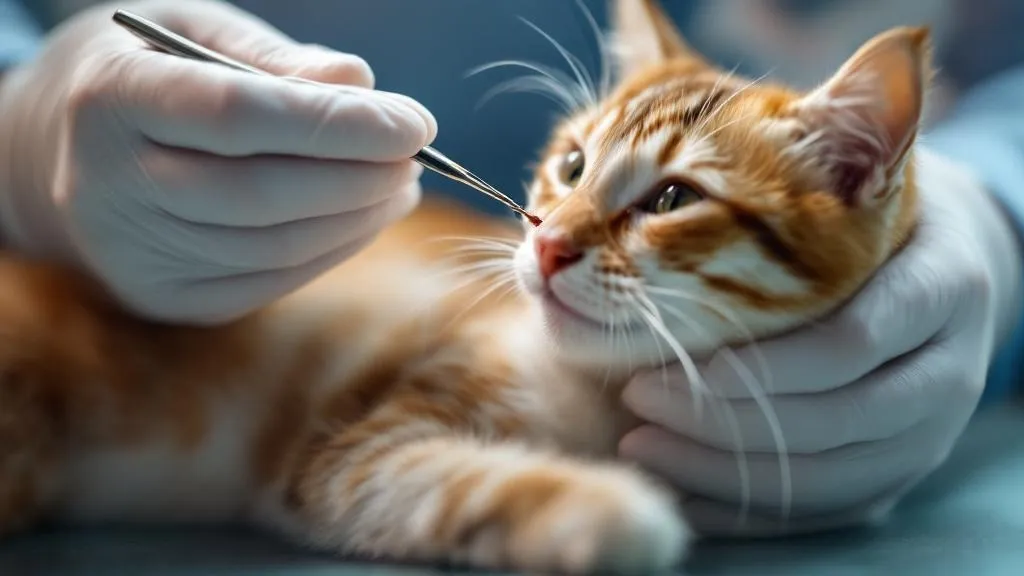A veterinarian carefully removing a tick from a cat's skin