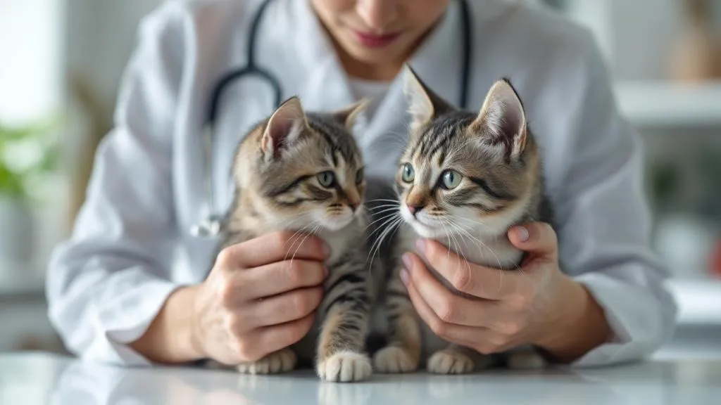 A veterinarian examining a cat for signs of parasites during a wellness visit