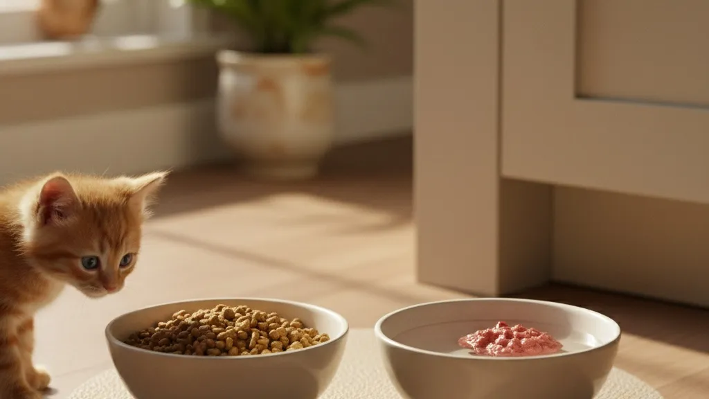 A properly set up kitten feeding station with food and water bowls placed on a mat, showing ideal positioning for mealtime