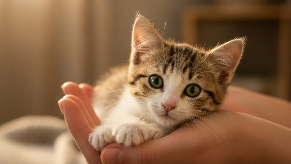 A young kitten being gently cradled by a person, demonstrating proper handling that builds trust and comfort with human interaction