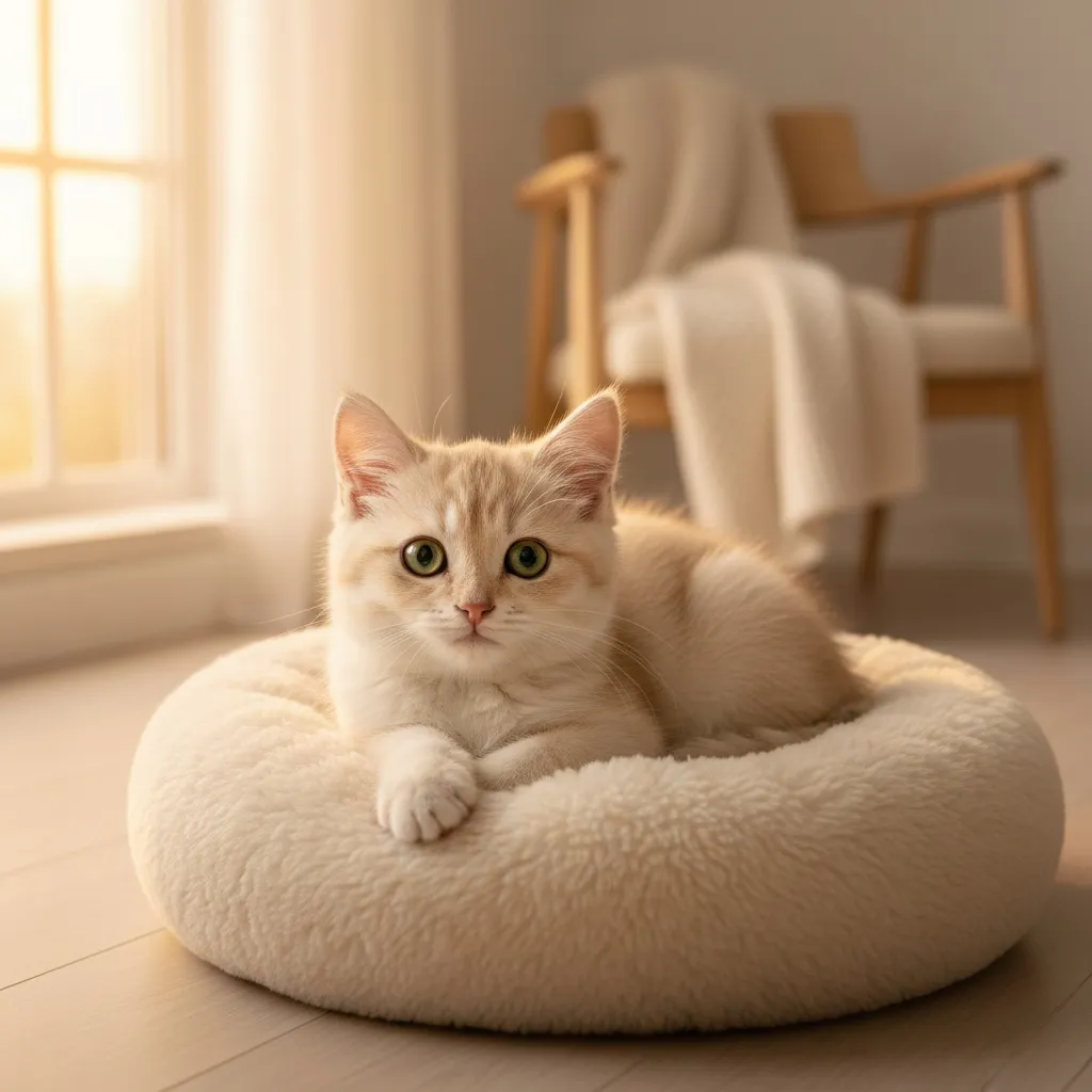 An adorable young kitten with bright eyes curled contentedly in a soft bed