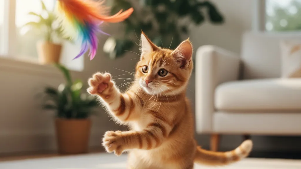 A playful young kitten batting at a feather wand toy, demonstrating healthy play behavior and the importance of interactive toys