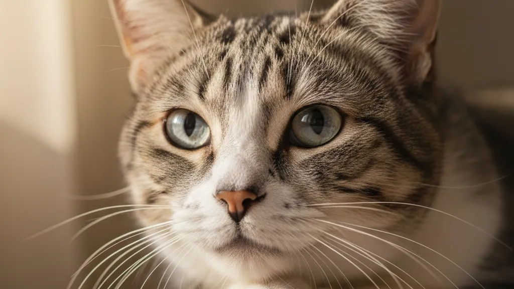 A senior cat showing visible signs of aging including cloudy eyes and graying fur around the muzzle