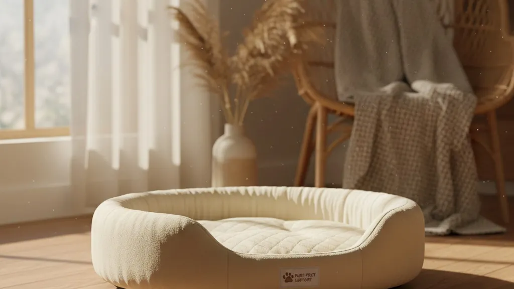 A cozy orthopedic cat bed with memory foam padding in a warm location, showing a comfortable resting spot for a senior cat