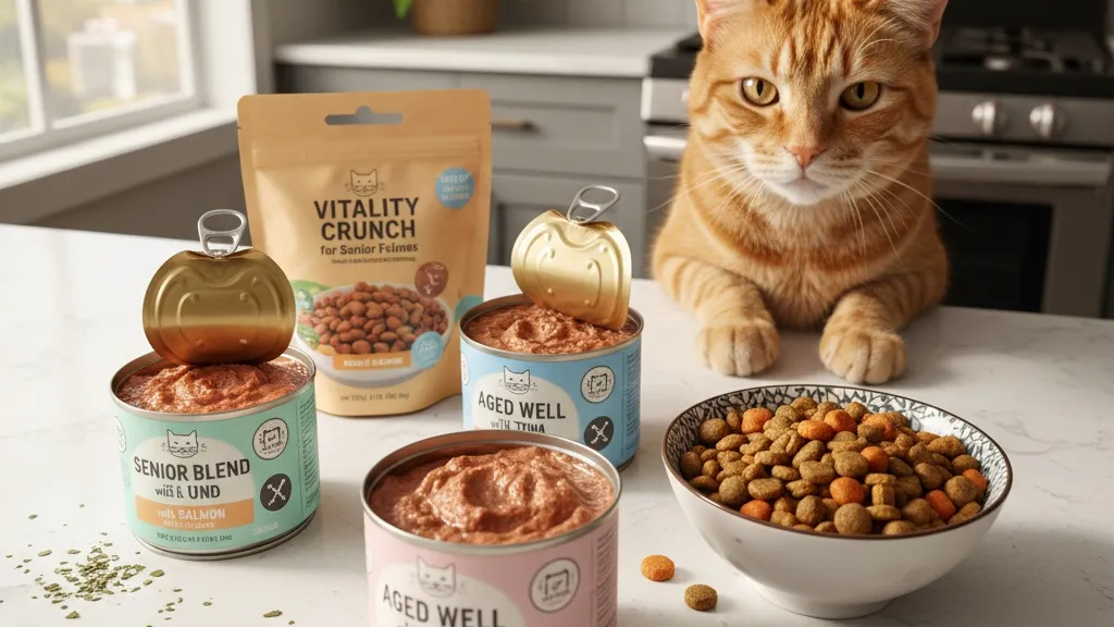 A selection of senior cat food varieties including wet food in cans and dry kibble formulated for aging cats
