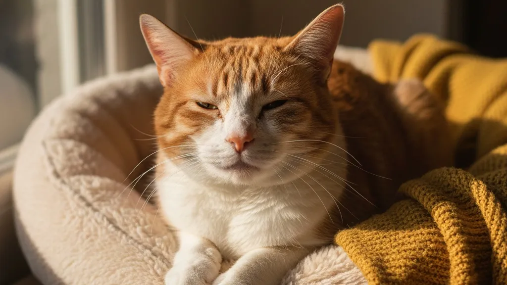 A dignified senior cat with a graying muzzle curled contentedly in a cozy bed