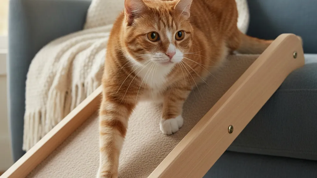 A senior cat using a wooden pet ramp to comfortably reach a couch, demonstrating easier access to favorite resting spots