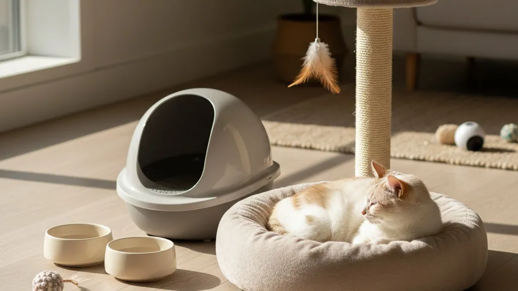 Collection of essential cat accessories including litter box, food bowls, and toys