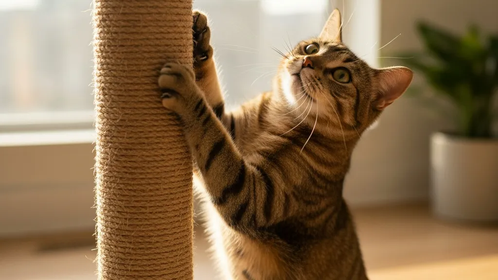 A tabby cat enthusiastically scratching a sisal rope post, showing proper scratching form and technique