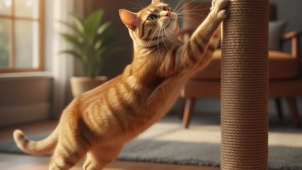 A happy cat stretching up to scratch a tall sisal rope post, showing the natural stretching motion cats use